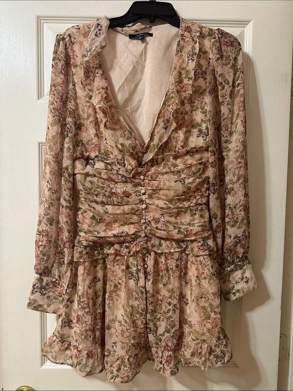 Lulu's Sheer Floral Long-Sleeve Ruffled Mini Dress in Blush and Green